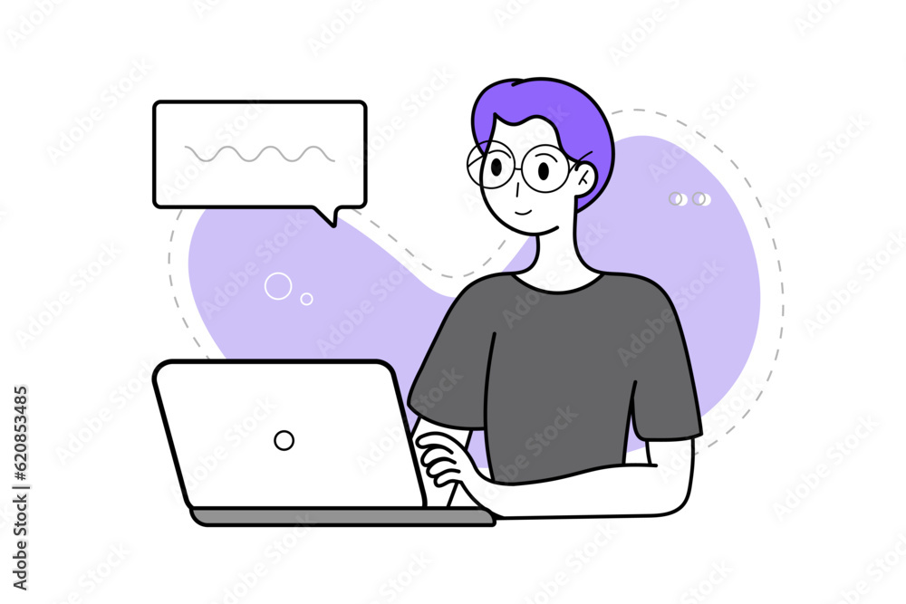Happy guy working with computer. Freelancer or student. Vector illustration for back to school, online courses, trainings, seminars, business. Happy guy working with computer. Freelancer or student. Vector illustration for back to school, online courses, trainings, seminars, business.