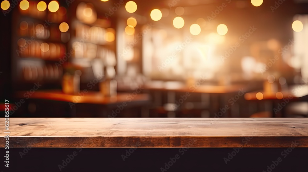 Cozy Coffee Shop Interior with Rustic Table and Blurred Background for Business or Personal Use - Empty Hot Drink Table with Copy Space. Generative AI