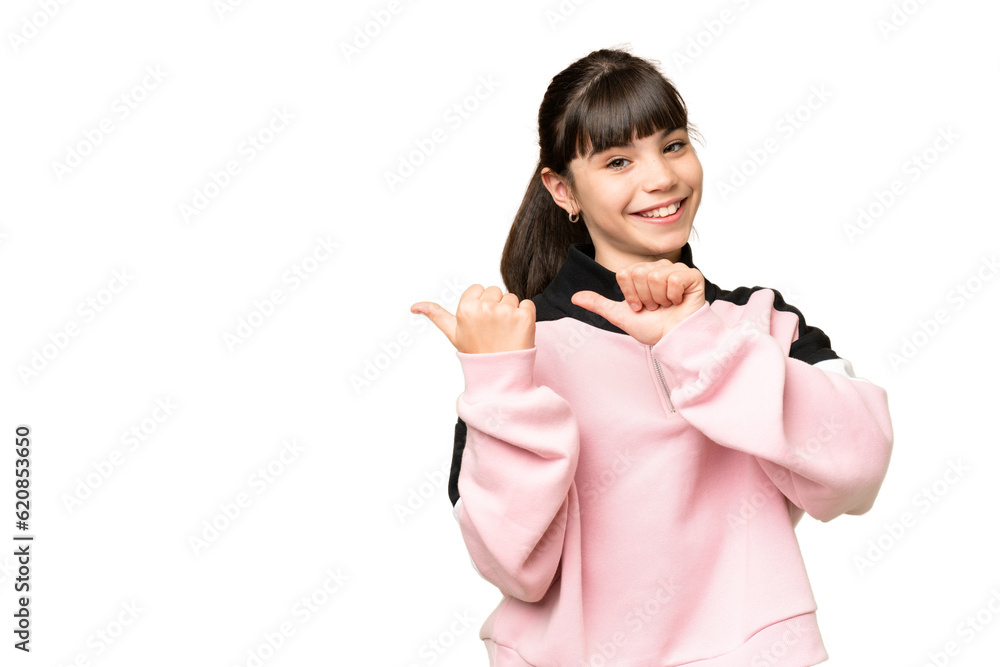 Little girl over isolated green chroma key background pointing to the side to present a product Little girl over isolated green chroma key background pointing to the side to present a product