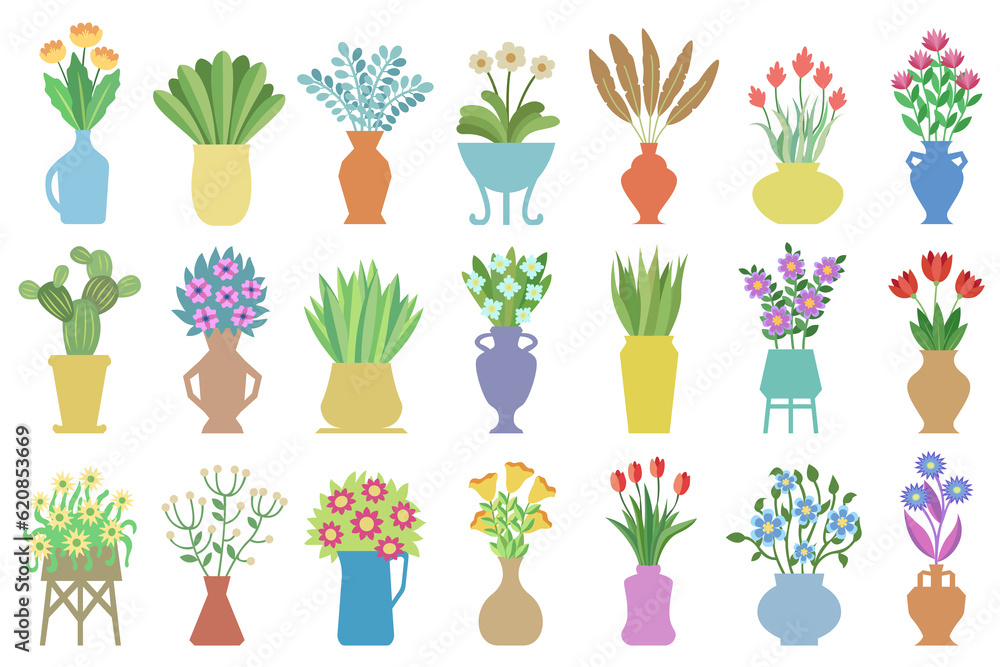 Set of flowers in vases. Flat vector illustrations of house plants, flowers, leaves in a vases. Flower bouquets in vase set. Blooming floral plants, bunches, in glass and ceramic pitchers. Set of flowers in vases. Flat vector illustrations of house plants, flowers, leaves in a vases. Flower bouquets in vase set. Blooming floral plants, bunches, in glass and ceramic pitchers.