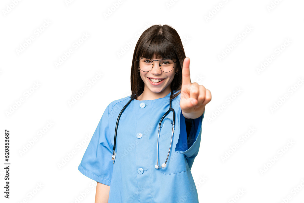 Little girl as a surgeon doctor over isolated chroma key background showing and lifting a finger Little girl as a surgeon doctor over isolated chroma key background showing and lifting a finger