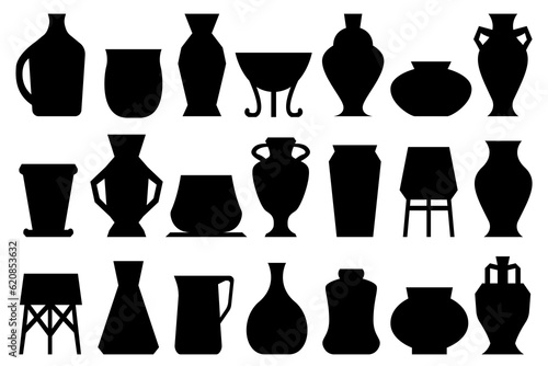 Vases vector illustrations. Pots for flowers  flat illustrations with black silhouette. Monochrome ceramic flower vases Boho style designed.