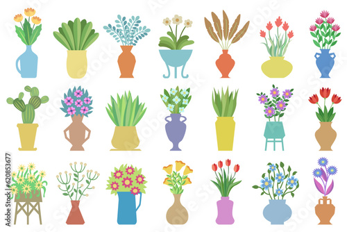 Set of flowers in vases. Flat vector illustrations of house plants, flowers, leaves in a vases. Flower bouquets in vase set. Blooming floral plants, bunches, in glass and ceramic pitchers. 