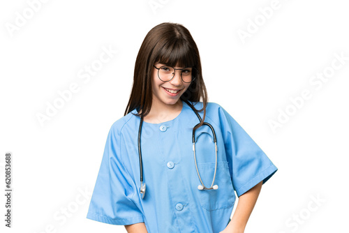 Little girl as a surgeon doctor over isolated chroma key background laughing