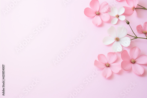 Top view pink flowers fresh green leaves with copy space background. Generative AI.