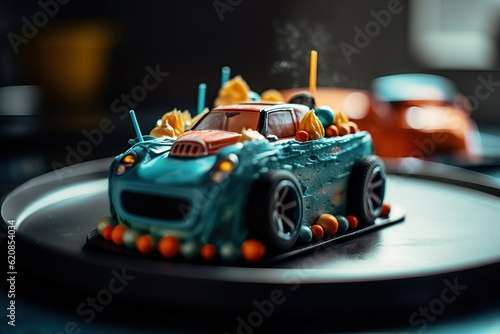 Kids' birthday cake in the form of car. Children birthday party. Blue cake car on the celebration room background.  Great for cars theme celebration concept. Generative AI