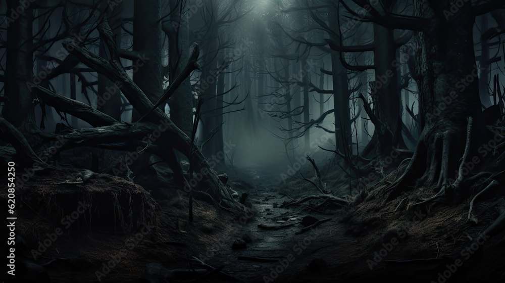 Fantasy Landscape: Dark Forest Panorama with Eerie Fog and Moody Trees - Perfect for Halloween Background: Generative AI