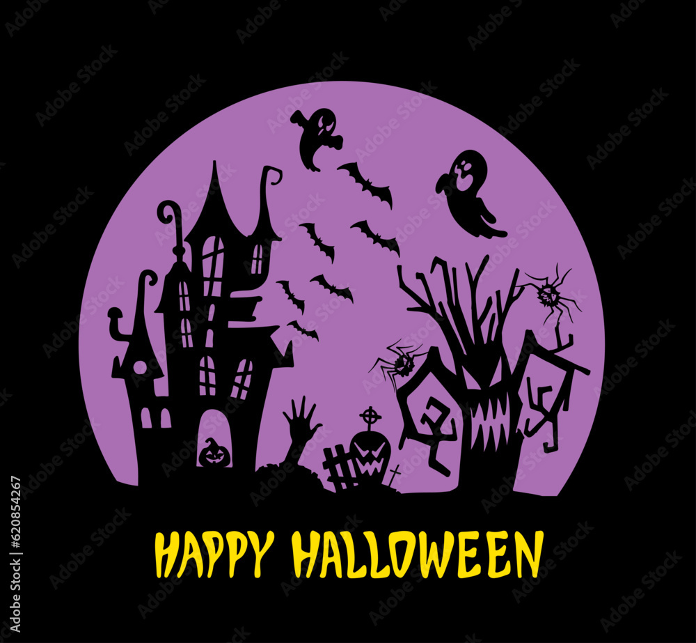 Halloween illustration, Surface print, Silhouette of Halloween objects Halloween illustration, Surface print, Silhouette of Halloween objects