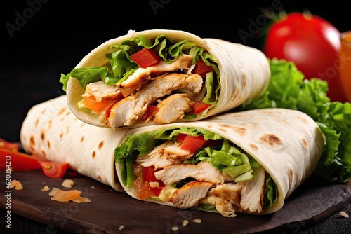 Enclosed Fajita Chicken Wrap Sandwiches on a Background of Healthy Food. Horizontal Cookery Shot with Pop Colours. Generative AI