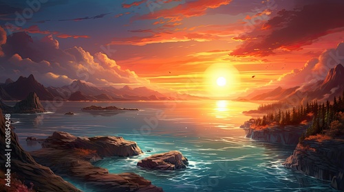 Fantasy Sunset Panorama with Sea and Island. Magnificent Seascape Landscape at Sunrise Over the Beach: Generative AI