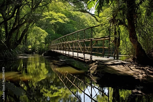 Footbridge over Batari River in the Atlantic Forest Reserve of Brazil's UNESCO World Heritage Site: Generative AI photo