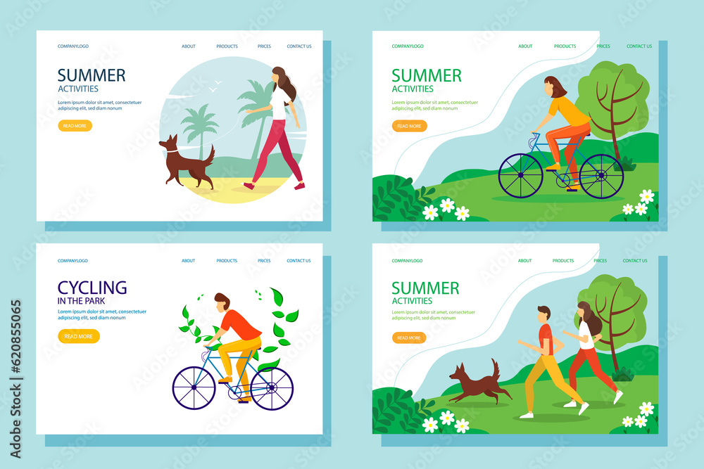 Summer activity web banner set. The concept of an active and healthy lifestyle. illustration in flat style.