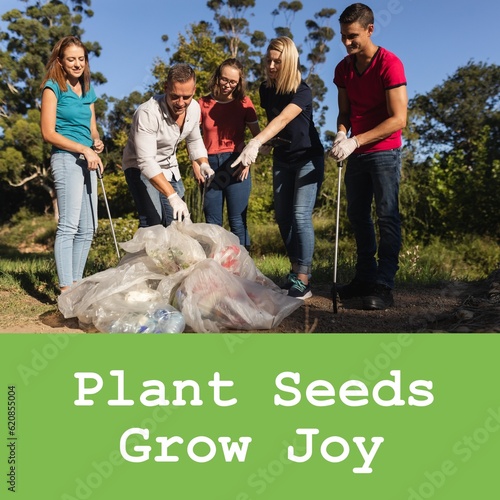 Composition of plant seeds grow joy text over caucasian volunteers recycling