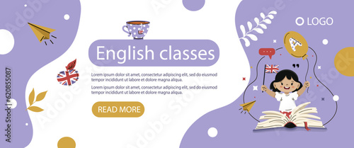 Banner flyer summer English classes online for children and adults