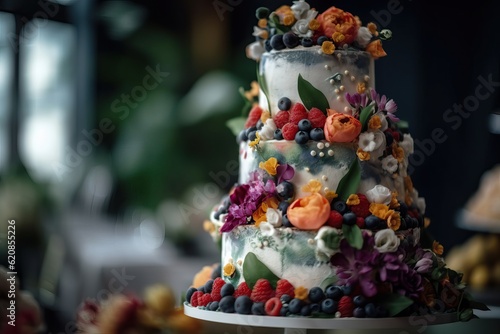Beautiful white wedding cake decorated with colorful sugar mastic flowers. Beautiful delicious celebration cake in a restaurant. Wedding cake for a new life, newlyweds and their guests. Generative AI © InspiringMoments