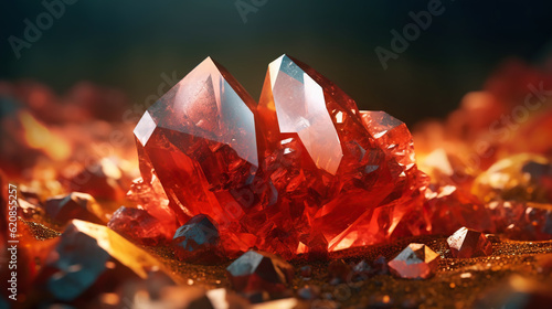 Amazing bright and shiny Realgar crystal cluster background. Jewel mineral detailed macro. Generative AI