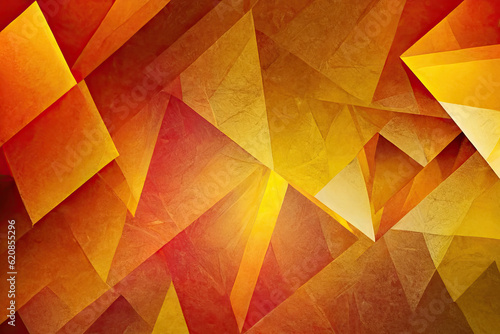 Yellow orange red abstract background for design. Geometric shapes. Color gradient. Modern, futuristic. Light dark shades.Triangles, squares, stripes, lines. Generative AI