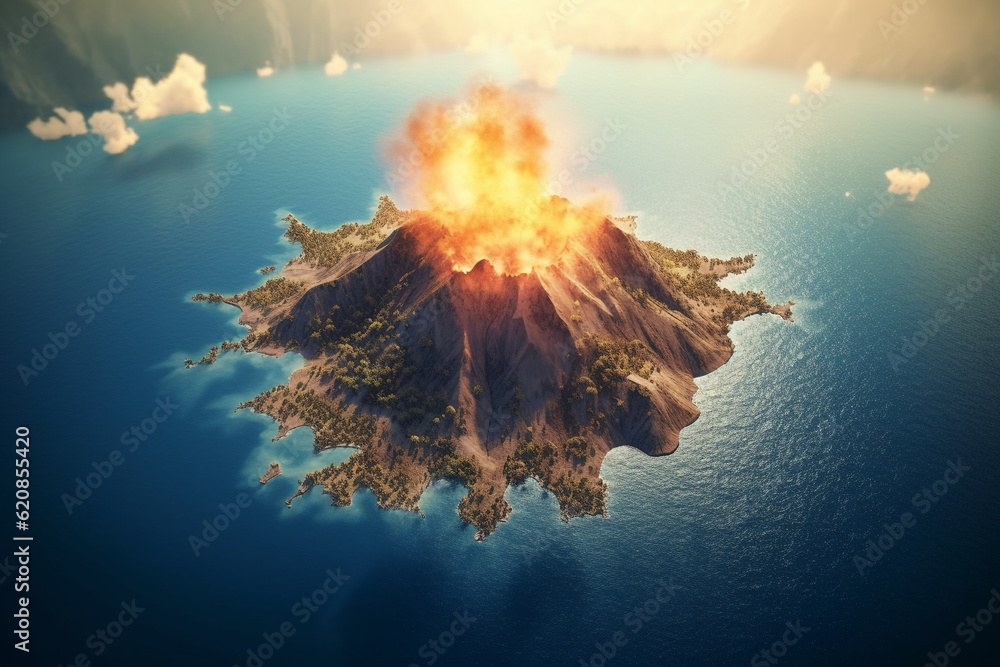 the volcano in the center of the island seen from above rendering minimal background - obrazy, fototapety, plakaty 