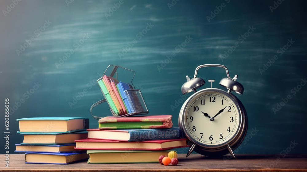 Back to school background with books and alarm clock over chalkboard. Generative Ai Back to school background with books and alarm clock over chalkboard. Generative Ai