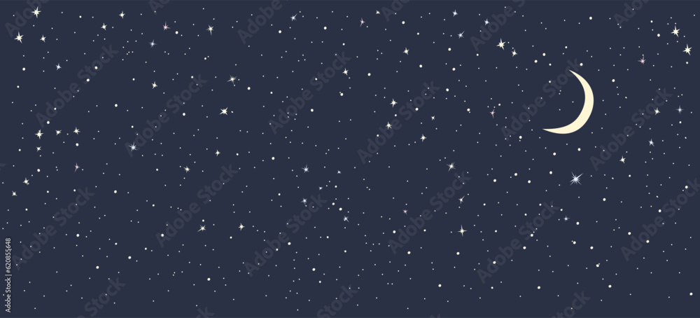 Dark monochromatic night sky background with moon, stars and constellations. Dark monochromatic night sky background with moon, stars and constellations.