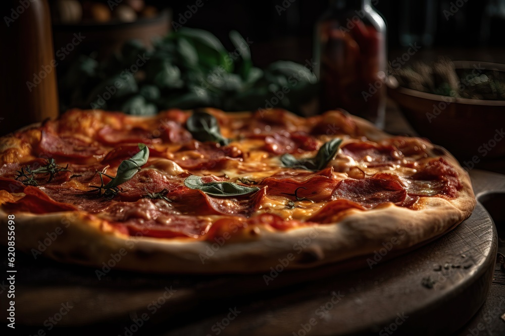 tasty juicy pizza on wooden background. lots of meat and cheese.   Pepperoni pizza. Mozzarella and tomato. Italian dish. Italian food. Comfort food. Local food 