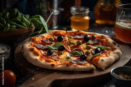 tasty juicy pizza on wooden background. lots of meat and cheese. Mushroom pizza. Pepperoni pizza. Mozzarella and tomato. Italian dish. Italian food. Comfort food. Local food. Generative AI