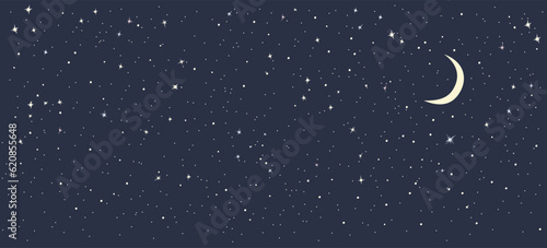 Dark monochromatic  night sky background with moon, stars and constellations.