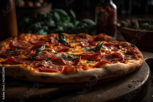 tasty juicy pizza on wooden background. lots of meat and cheese. Pepperoni pizza. Mozzarella and tomato. Italian dish. Italian food. Comfort food. Local food 