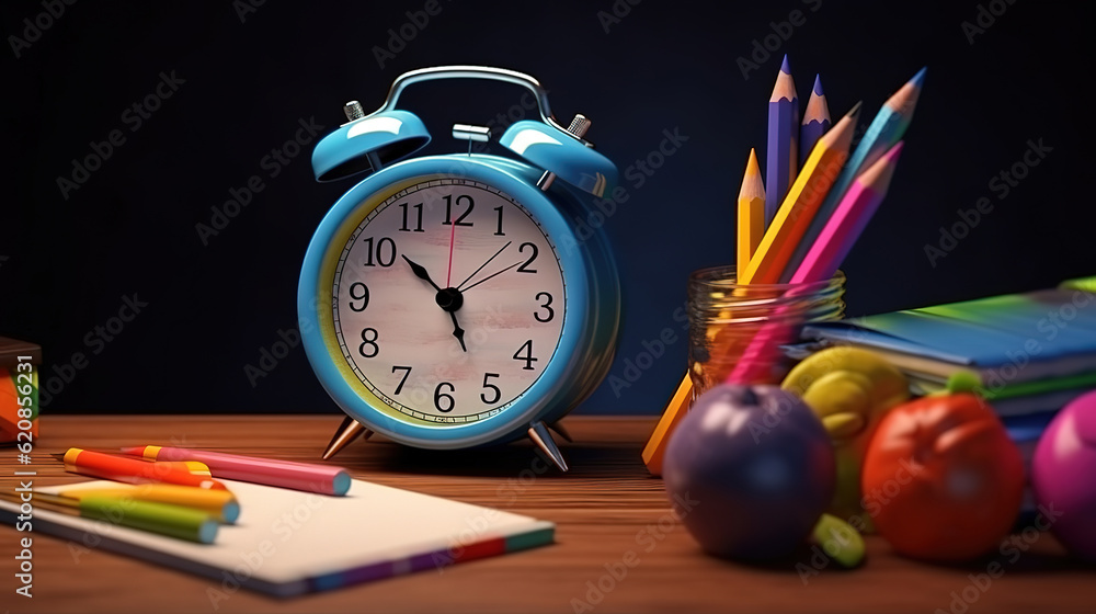 Colorful pencils, alarm clock and notepad on blackboard. Generative Ai Colorful pencils, alarm clock and notepad on blackboard. Generative Ai