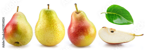 Set of ripe pears and pear leaf isolated on white background.