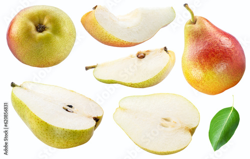 Set of pears and pear slices on white background. File contains clipping path.