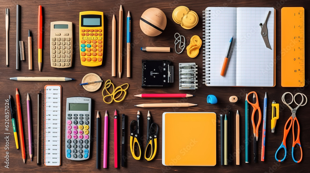 Desktop with assortment of school supplies. Generative Ai Desktop with assortment of school supplies. Generative Ai