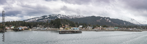 Panorama of the Ferry Dock with the town of Seldovia behind and mountains in the distance, Seldovia, Alaska, USA photo