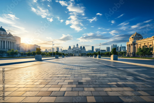 Panoramic skyline and modern business office buildings with empty road,empty concrete square floor , Generative Ai