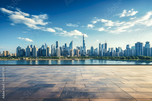 Panoramic skyline and modern business office buildings with empty road,empty concrete square floor , Generative Ai