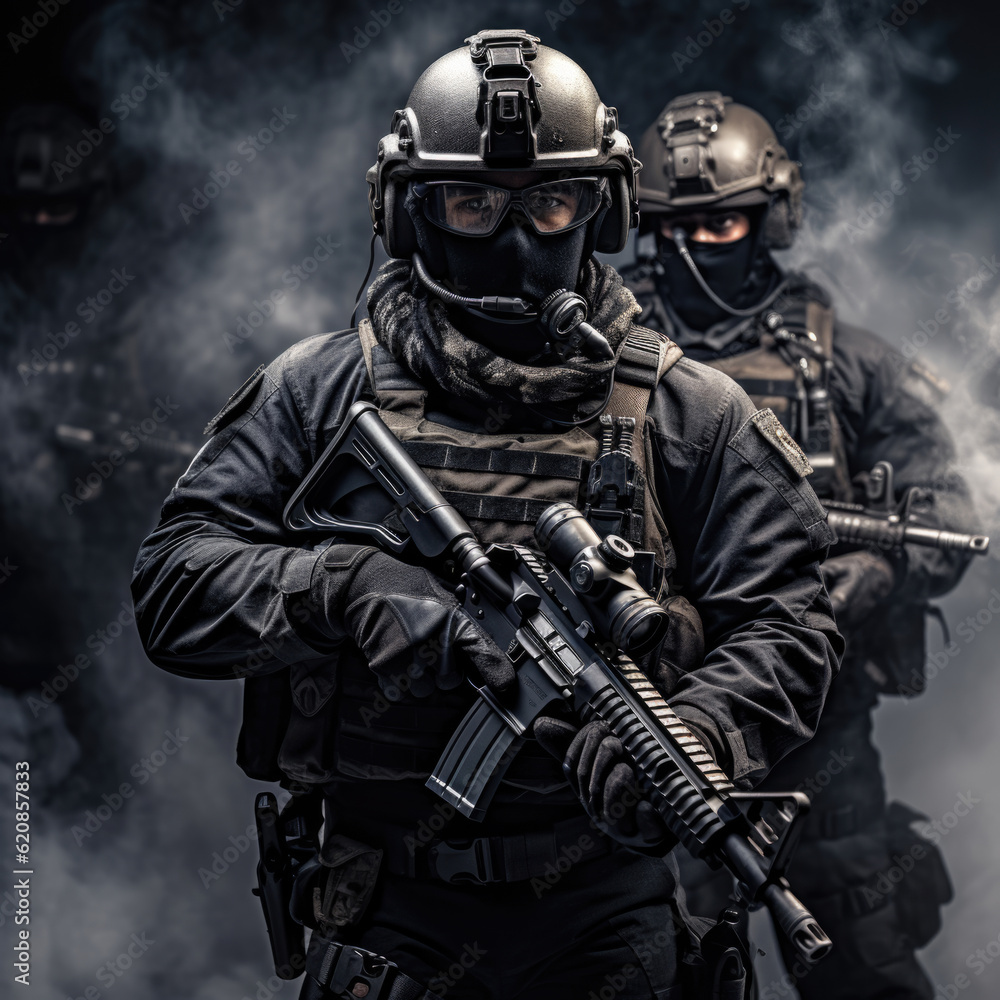 Armed special forces group on a dark background. Law and order protection concept. SWAT group. Antiterrorism. Special operation.