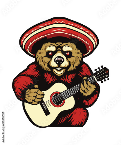 Bear with a Mexican hat with a guitar. Clip art cartoon character vector illustration