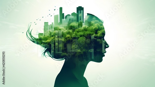 Symbolizing the green thinking concept, a woman's head silhouette is filled with green, sustainable environment elements, evoking eco-consciousness and respect for nature. Generative AI