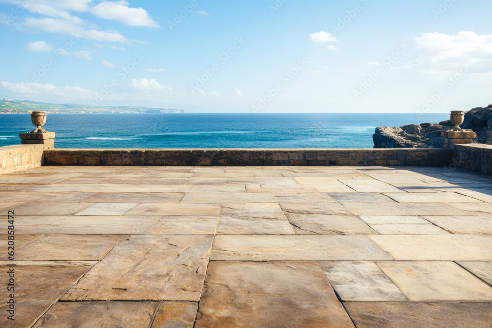 Wide empty stone floor with ocean far background , Generative Ai