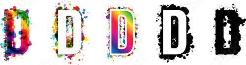 D letters with rainbow and black paint splash decorative elements. Colorful D letter emblems collection. Vector illustration in artistic style.