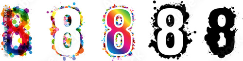 8 numbers with rainbow and black paint splash decorative elements. Colorful 8 number emblems collection. Vector illustration in artistic style.