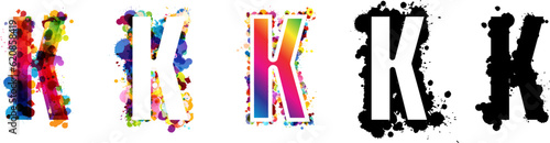K letters with rainbow and black paint splash decorative elements. Colorful K letter emblems collection. Vector illustration in artistic style.