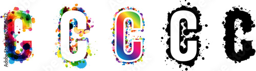 C letters with rainbow and black paint splash decorative elements. Colorful C letter emblems collection. Vector illustration in artistic style.