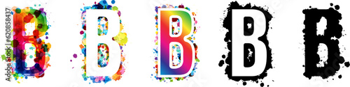 B letters with rainbow and black paint splash decorative elements. Colorful B letter emblems collection. Vector illustration in artistic style.