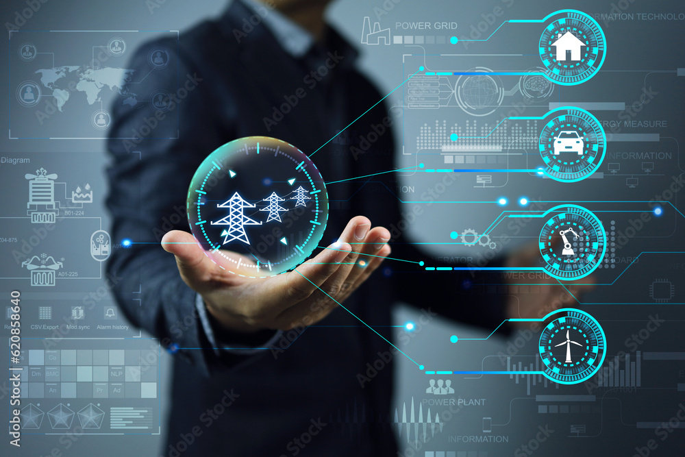 electric power Industry with electrical engineers using virtual control panel to manage smart grid. Industrial and smart city network. Renewable Energy Smart Grid Technology engineering concept - obrazy, fototapety, plakaty 