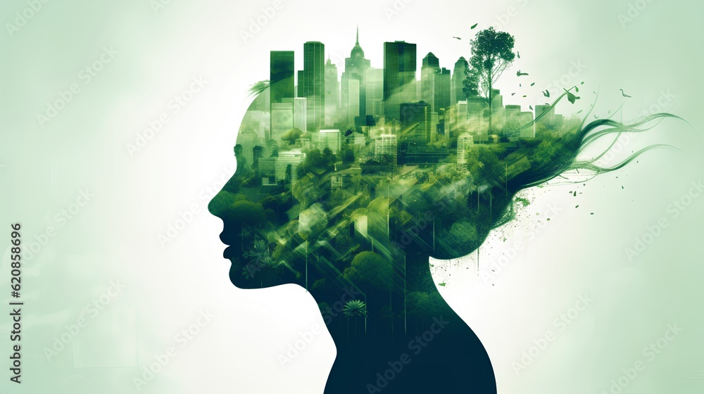 Symbolizing the green thinking concept, a woman's head silhouette is filled with green, sustainable environment elements, evoking eco-consciousness and respect for nature. Generative AI