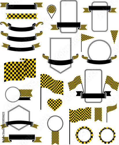 Checkered flags set. Racing decoration elements with black and y