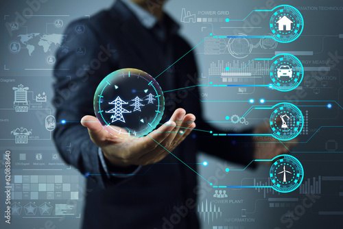 electric power Industry with electrical engineers using virtual control panel to manage smart grid. Industrial and smart city network. Renewable Energy Smart Grid Technology engineering concept photo