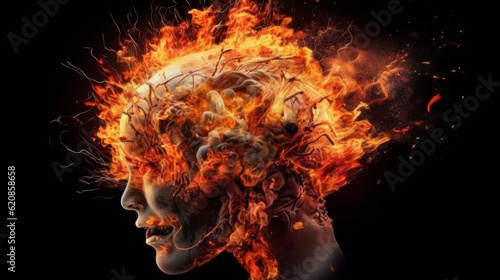 A human brain burning out, engulfed in flames, breaks into pieces. Generative AI 1 © MaVeRa