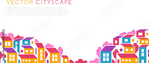 City landscape or hill town panoramic illustration in simple flat style. Vector design element with minimal geometric composition. Buildings and trees